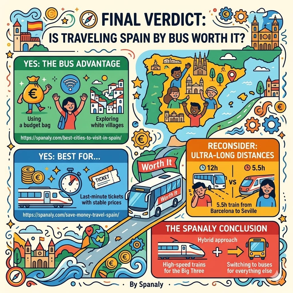 Comprehensive comparison infographic evaluating bus travel in Spain versus trains, highlighting cost-effectiveness and route flexibility for 2026 travelers.