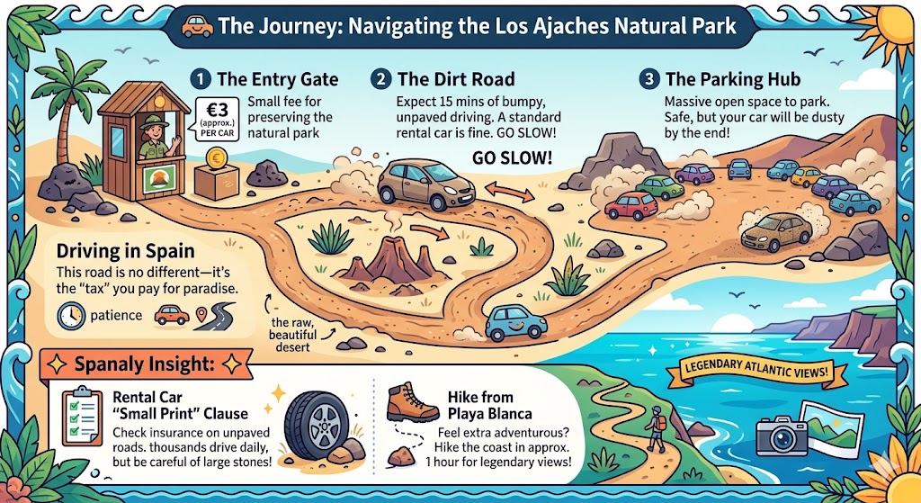 A detailed illustrative map showing the route into Los Ajaches Natural Park in Lanzarote, highlighting the entrance gate, the unpaved dirt road, and the dusty parking hub near Playa de Papagayo with legendary Atlantic views.