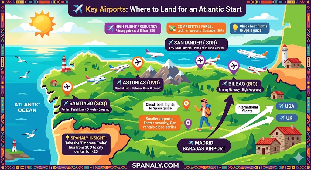 Infographic map of Northern Spain airports featuring Bilbao, Santander, Asturias, and Santiago de Compostela with travel tips.