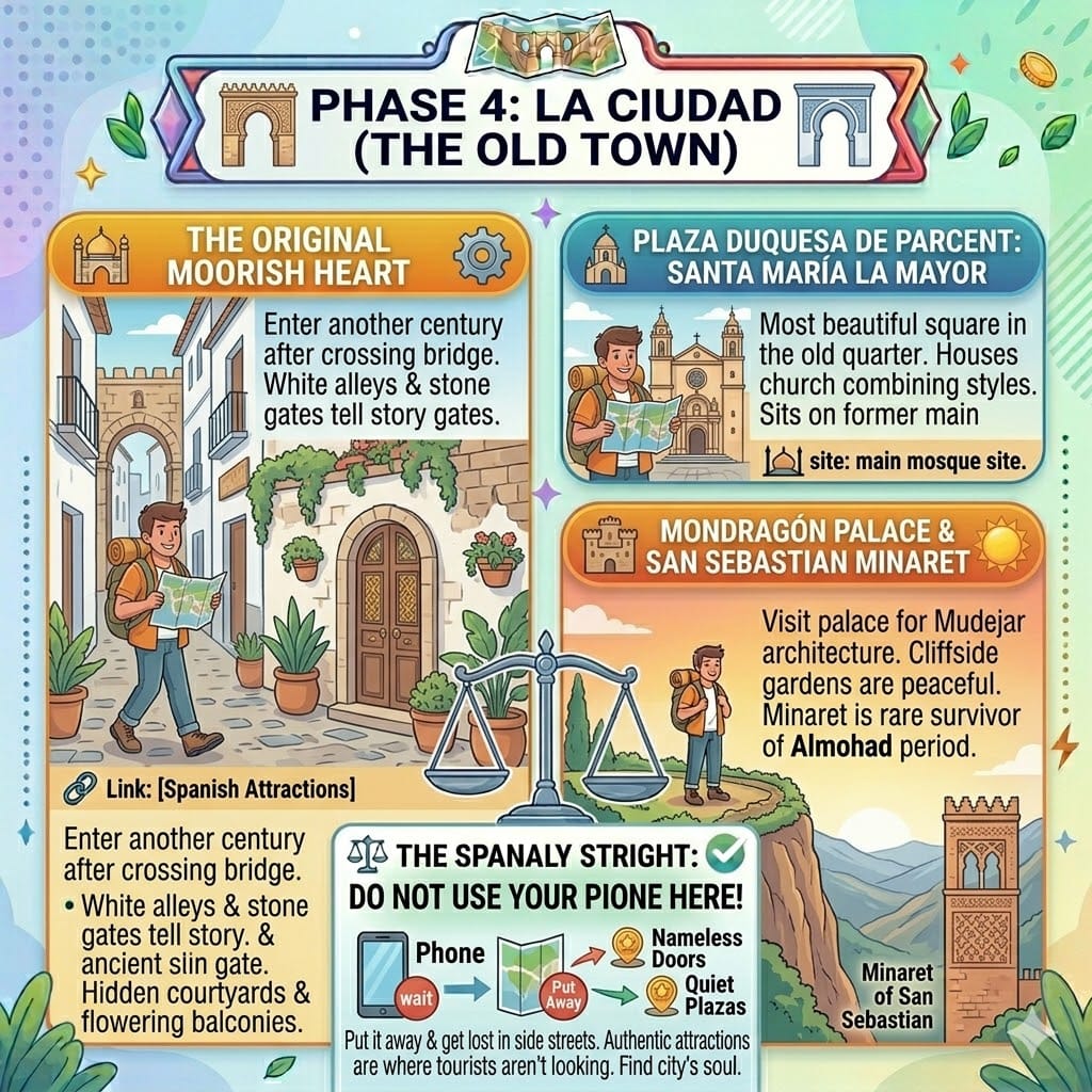 Tactical infographic for La Ciudad in Ronda featuring the Moorish quarter, Plaza Duquesa de Parcent, and the historic Mondragón Palace gardens.