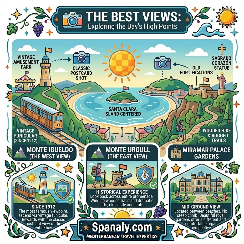 A colorful infographic illustrating the best viewpoints for La Concha Bay in San Sebastian, featuring Monte Igueldo with its vintage funicular and amusement park, Monte Urgull with old fortifications and a statue, and the Miramar Palace gardens, all framed with colorful Mediterranean motifs.