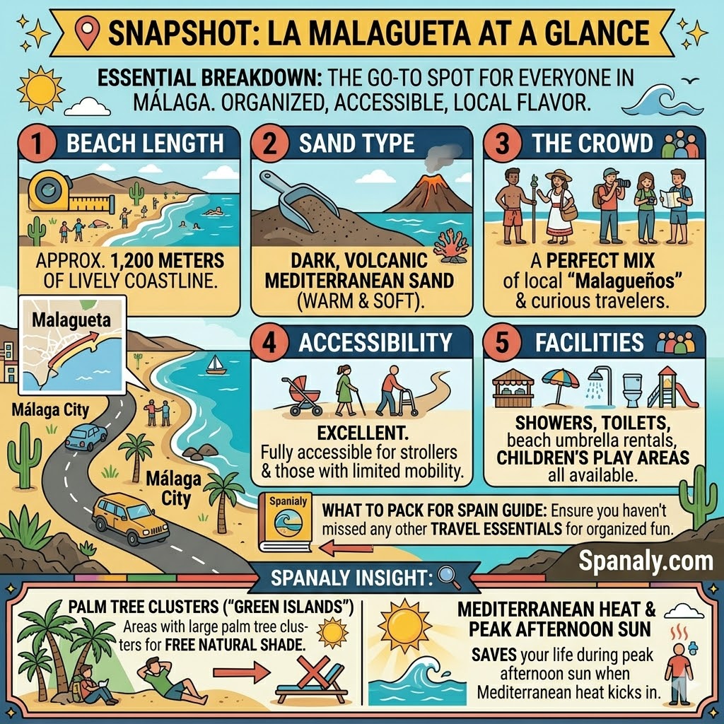 A comprehensive snapshot infographic of La Malagueta beach in Malaga, detailing its 1,200-meter length, volcanic sand type, accessibility features, and natural palm tree shade tips.