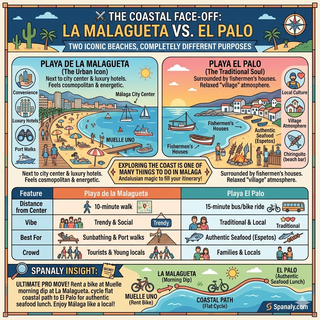 A comparison infographic between La Malagueta and El Palo beaches in Malaga, featuring a table of differences in vibe, distance, and the best activities like seafood and port walks.