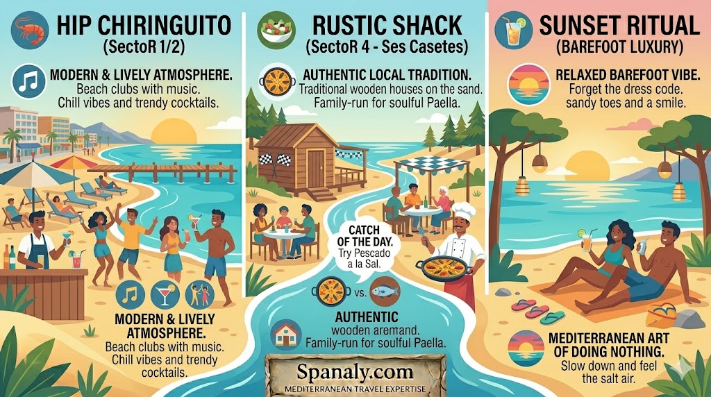 A colorful infographic showcasing dining options at Playa de Muro, Mallorca, featuring hip beach clubs in Sector 1 for cocktails, rustic wooden shacks in Sector 4 for authentic seafood paella, the local catch of the day like Pescado a la Sal, and the relaxed barefoot luxury sunset ritual.