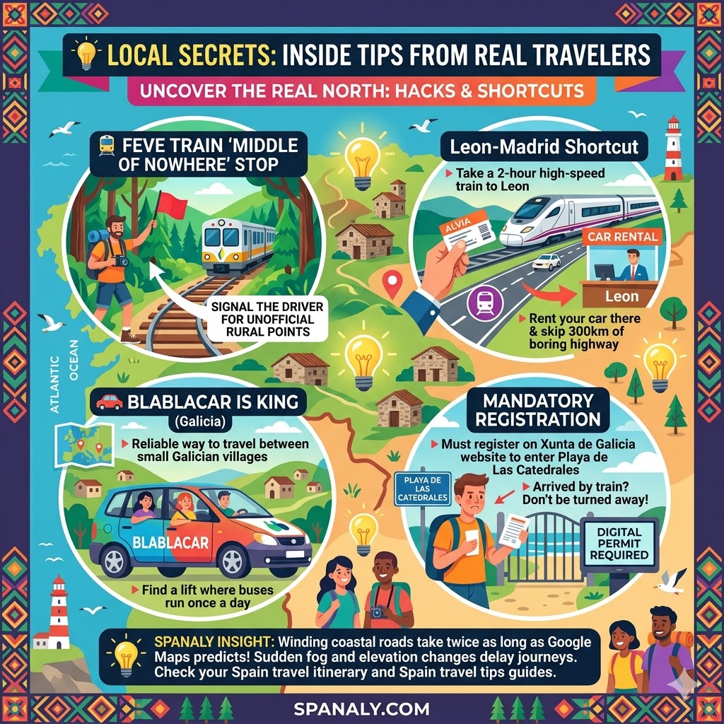 Infographic of Northern Spain travel hacks featuring the Feve train rural stops, Leon-Madrid shortcut, and Playa de Las Catedrales registration.