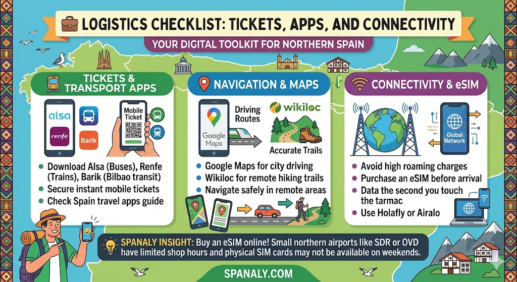 Infographic of a travel logistics checklist for Northern Spain showing essential apps for transport and eSIM connectivity advice.