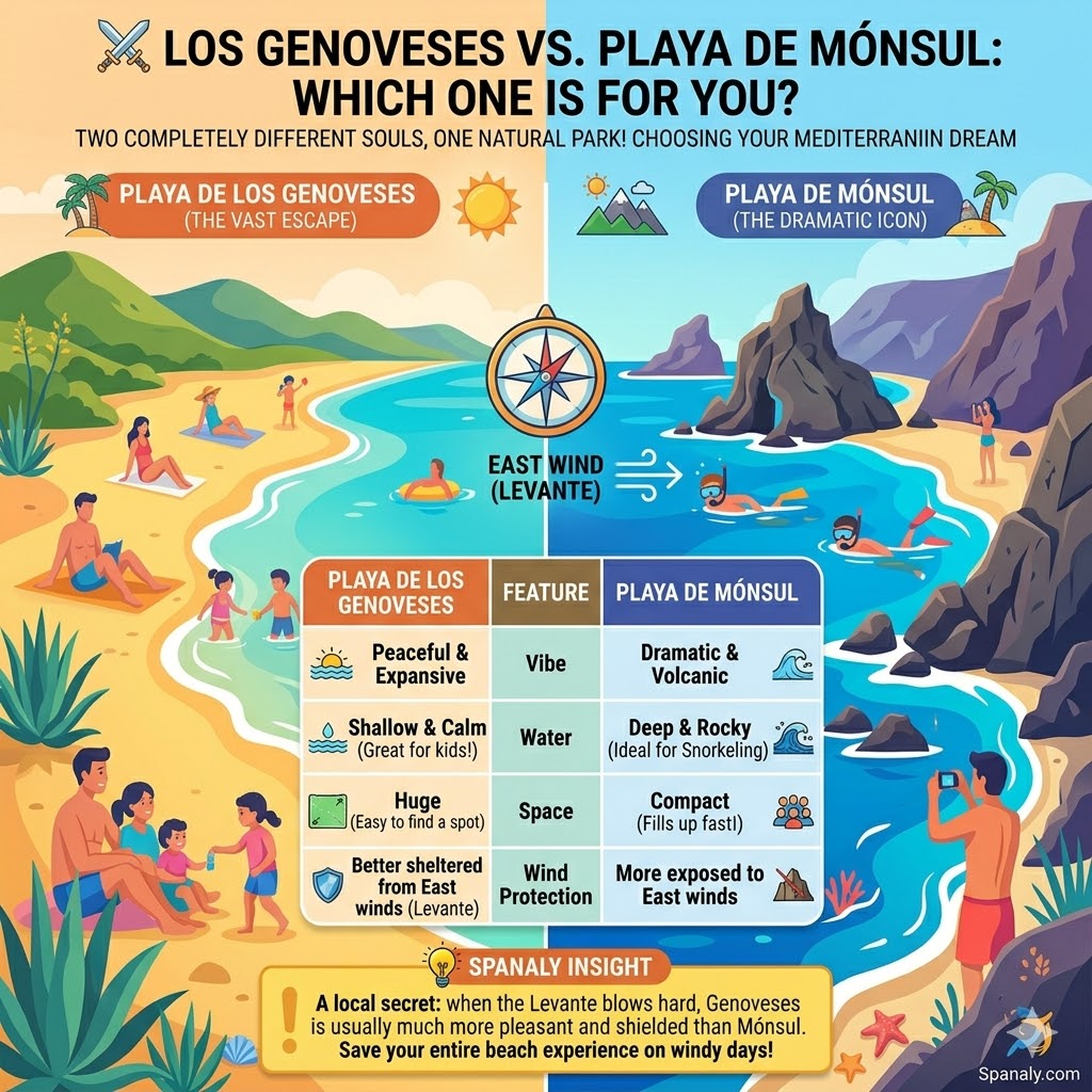 Comparison infographic of Los Genoveses vs Playa de Monsul in Almeria, detailing beach vibes, water depth, and wind shelter tips for travelers by Spanaly.com