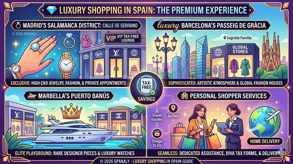 A vibrant infographic guide to the primary destinations for luxury shopping in Spain, including Madrid's Calle de Serrano, Barcelona's Passeig de Gràcia, Marbella's Puerto Banús, and personalized VIP tax-free services, all detailed with distinct visual style and no Arabic text.