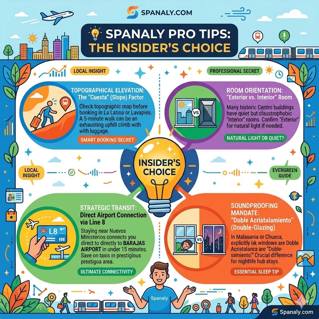 Square infographic of Madrid booking tips featuring topographical slopes, interior room warnings, Line 8 airport transit, and double-glazing soundproofing rules.
