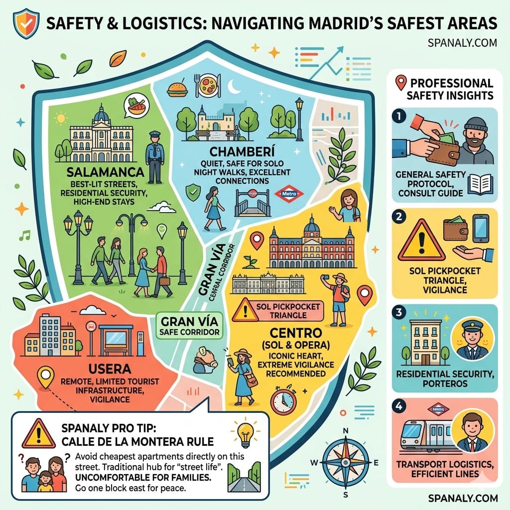 Professional safety map of Madrid neighborhoods featuring secure residential zones like Salamanca and Chamberí, pickpocket hotspots in Centro, and essential visitor logistics.