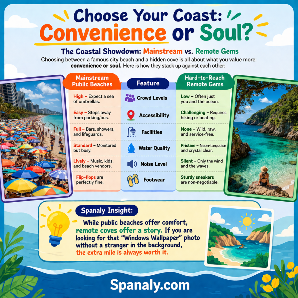 A detailed comparison table between popular public beaches and hard-to-reach hidden gems in Spain, highlighting differences in crowds, facilities, and water quality.