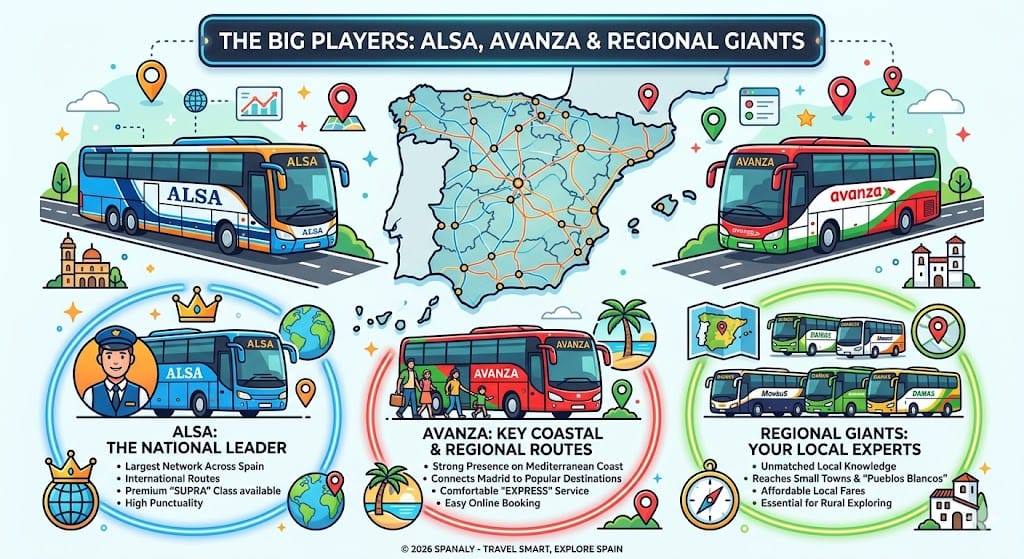 Detailed infographic comparing major bus operators in Spain, featuring ALSA's national network, Avanza's coastal routes, and regional giants for local travel.