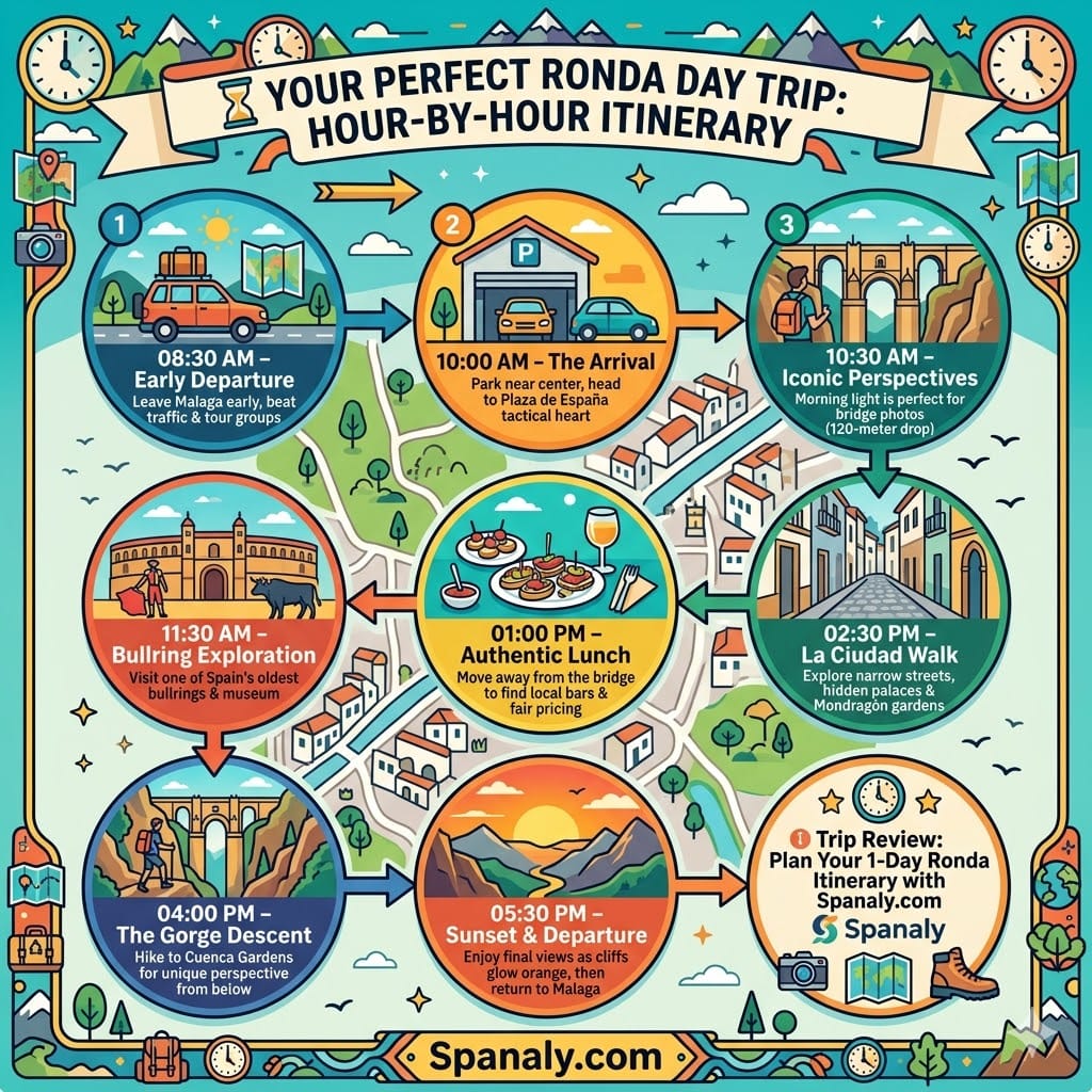 A detailed hour-by-hour itinerary infographic for a day trip from Malaga to Ronda, showing a timeline from 08:30 AM departure to 05:30 PM sunset views, including stops at Puente Nuevo and Plaza de Toros.