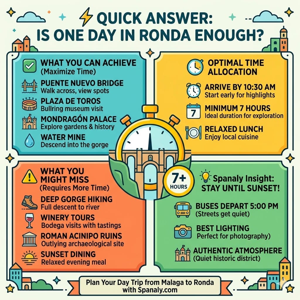 A colorful infographic guide for a day trip from Malaga to Ronda, comparing achievable highlights like Puente Nuevo and Plaza de Toros with activities that require more time like deep gorge hiking and winery tours.