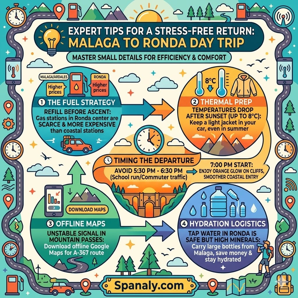 A colorful infographic guide for an efficient day trip from Malaga to Ronda, featuring specific professional advice on refueling before ascent, carrying a light jacket for temperature drops, downloading offline maps, and managing hydration with large water bottles, all integrated with a timing strategy to avoid peak traffic.
