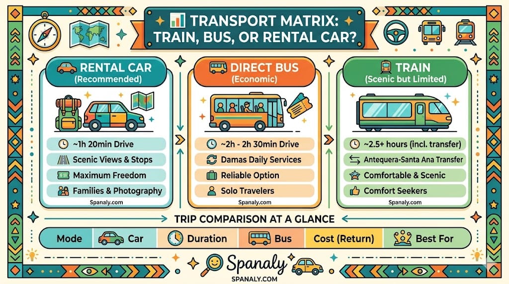 A colorful infographic comparing transport options for a day trip from Malaga to Ronda, including rental car, direct bus, and train, with details on duration, cost, and travel efficiency.