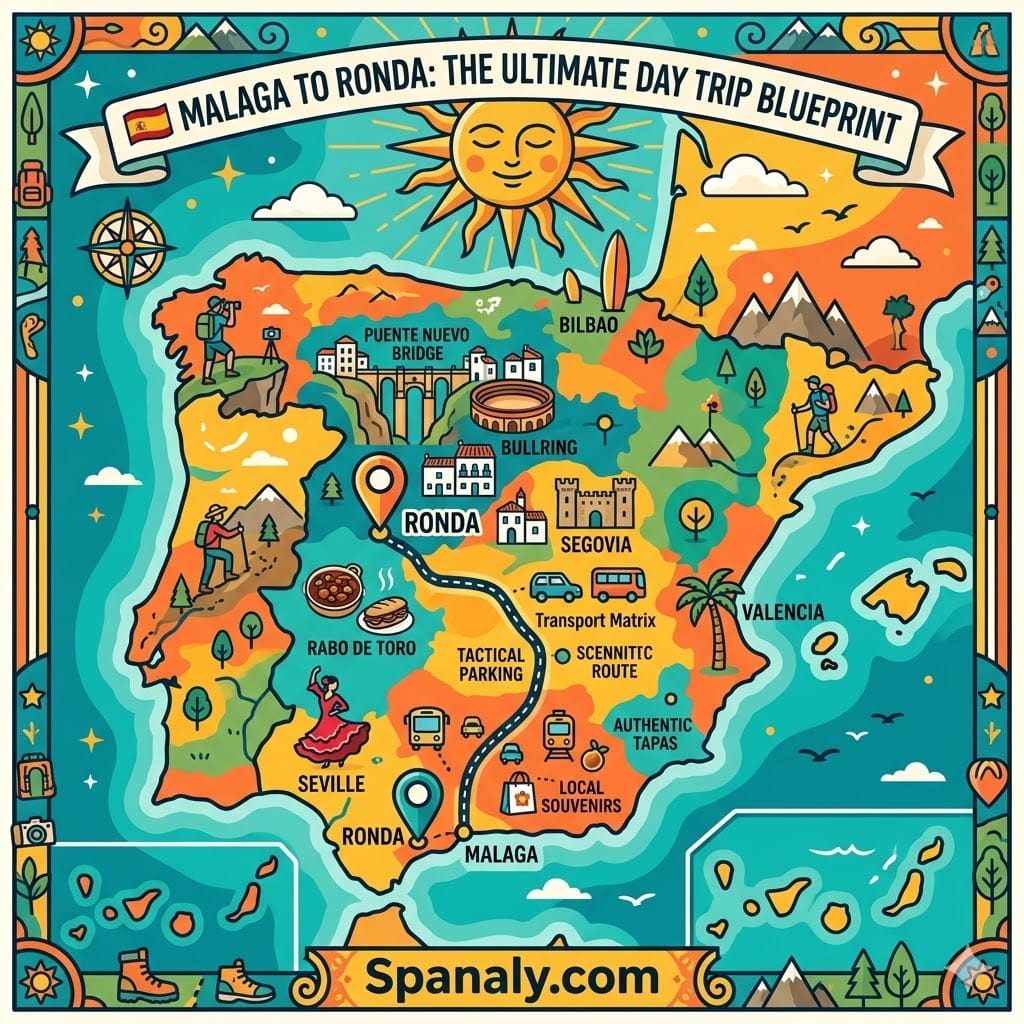 A colorful infographic map of Spain, highlighting the definitive driving route from Malaga to Ronda, featuring specific destination landmarks and a detailed hour-by-hour itinerary with strategic parking, authentic tapas, and hidden views of the Puente Nuevo gorge.