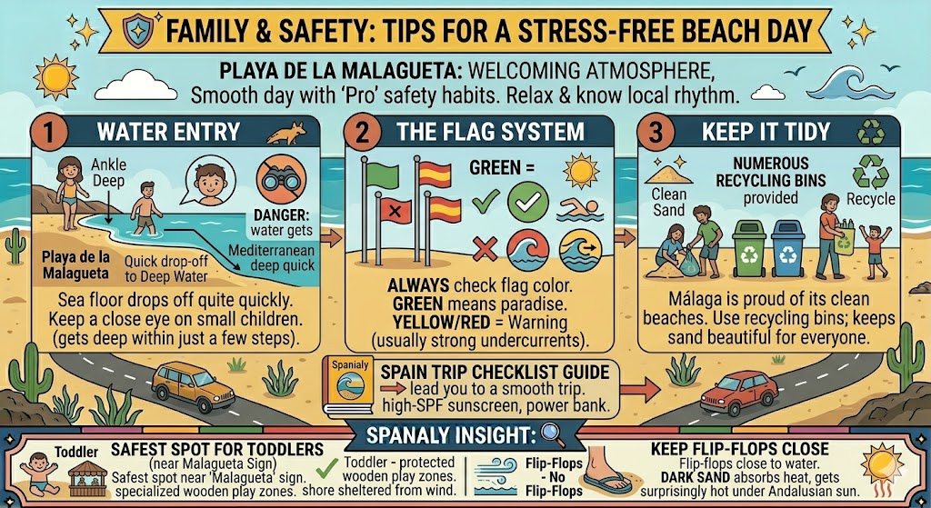 A family safety infographic for Playa de la Malagueta in Malaga, showing water entry warnings, the beach flag system, recycling tips, and the best toddler play zones near the Malagueta sign.