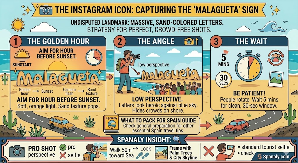A photography guide infographic for the Malagueta sign in Malaga, featuring tips on golden hour timing, low-angle shots, and creative framing with palm trees.