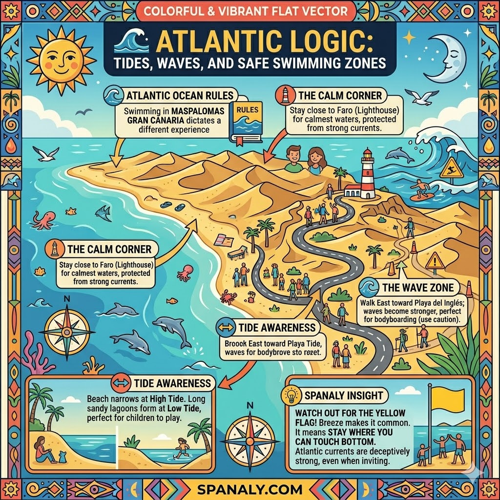 Atlantic Ocean swimming safety infographic for Maspalomas Gran Canaria showing calm corners near the lighthouse, wave zones, and tide awareness tips.