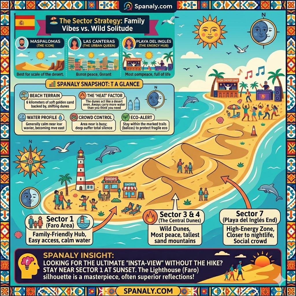 Infographic map of Maspalomas beach sectors showing family zones near the lighthouse, wild dunes in the center, and high-energy social areas.