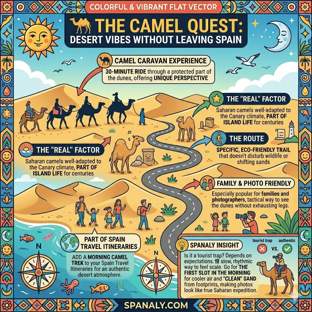 Expert infographic guide to the Maspalomas camel ride experience in Gran Canaria featuring eco-friendly trails, morning photography tips, and family travel advice.