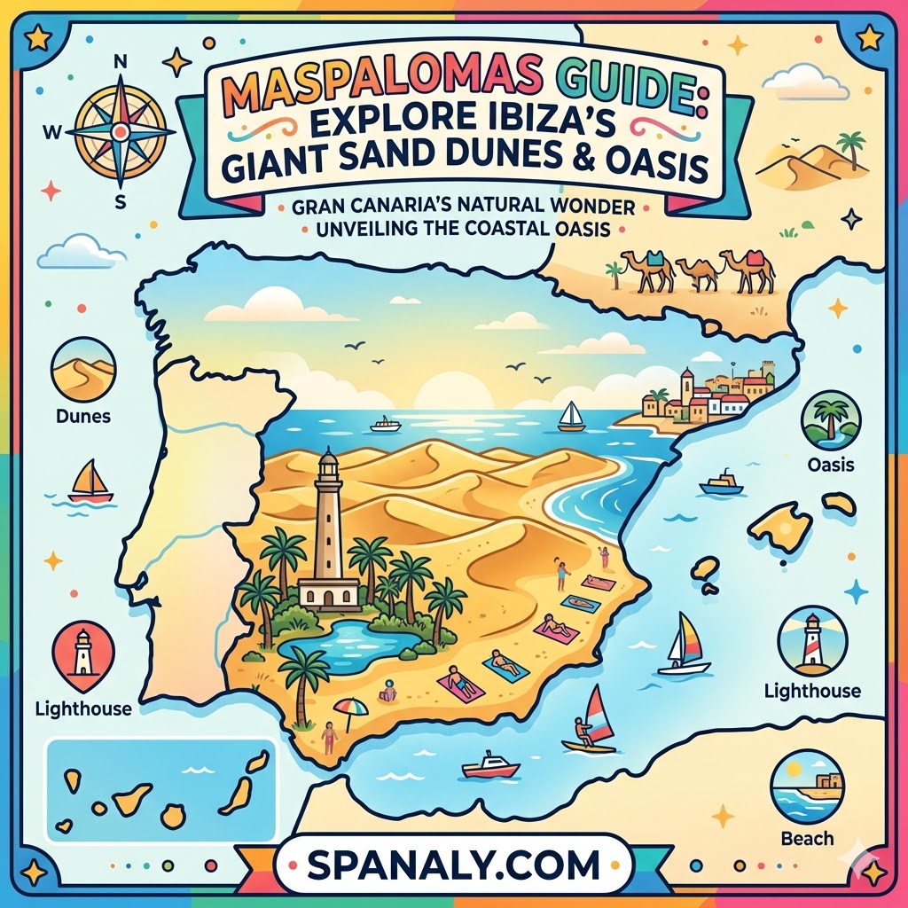 Epic infographic map of Spain featuring Maspalomas giant sand dunes and coastal oasis in Gran Canaria with lighthouse and beach scenery.