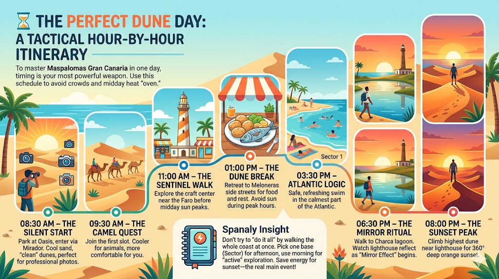 A tactical hour-by-hour itinerary for Maspalomas Gran Canaria featuring morning photography, camel rides, lighthouse visits, and sunset viewing at the dunes.