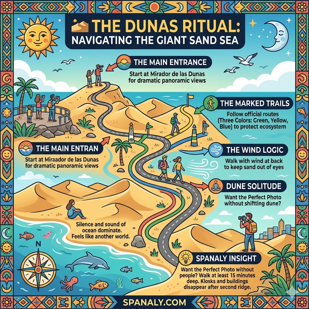 Visual infographic guide to navigating the Maspalomas dunes in Gran Canaria, showing marked trails, wind logic tips, and the best photography spots.