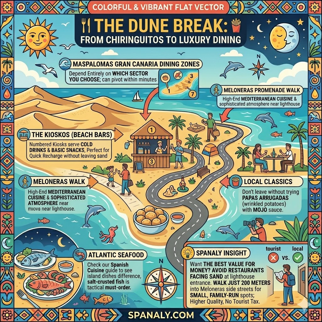 Dining infographic for Maspalomas Gran Canaria featuring beachfront kiosks, Meloneras luxury promenade restaurants, and traditional Canary Island dishes like Papas Arrugadas.