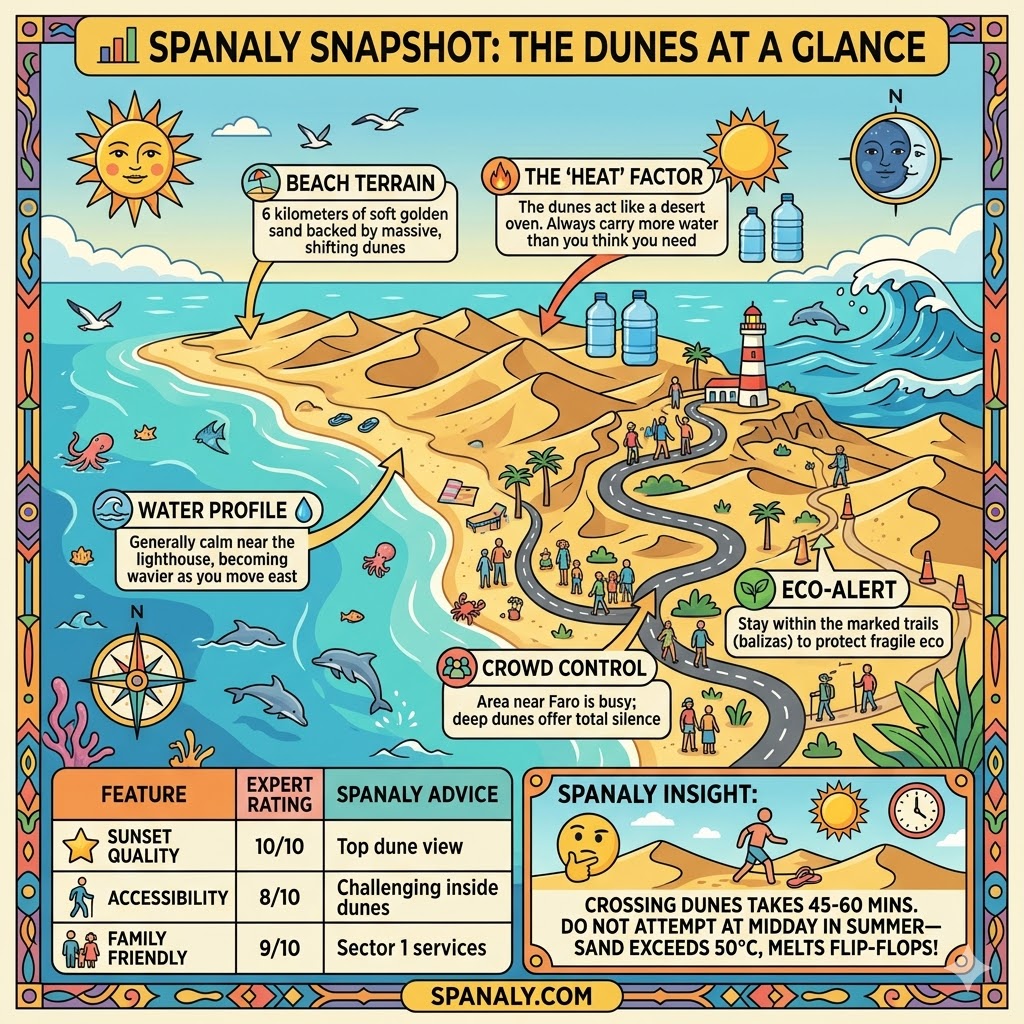 Expert infographic guide to Maspalomas Gran Canaria dunes featuring beach terrain details, heat safety warnings, and sunset quality ratings.