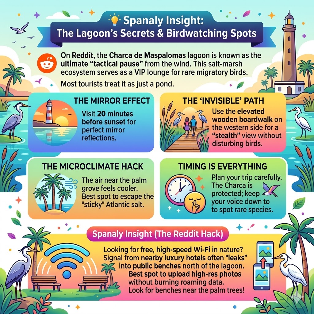 Infographic showing Maspalomas Lagoon secrets in Gran Canaria, including sunset mirror effect, birdwatching boardwalk path, and Reddit WiFi hack tips.
