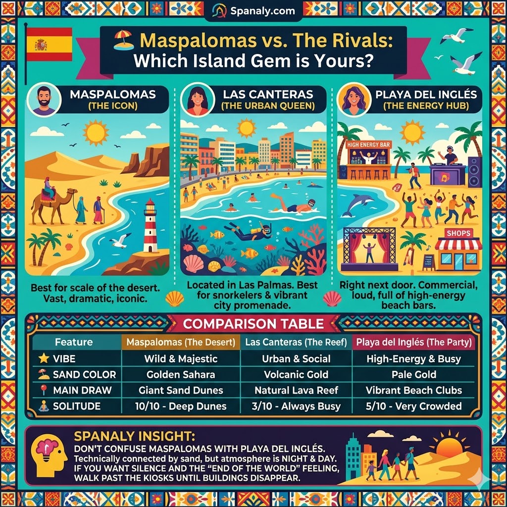 Comparison infographic of Gran Canaria beaches showing Maspalomas dunes, Las Canteras reef, and Playa del Ingles nightlife with a detailed feature table.