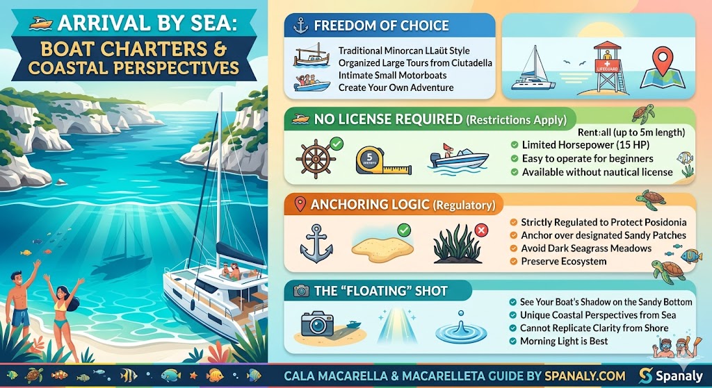 Colorful infographic explaining boat charter options for Cala Macarella, featuring license-free rentals, anchoring rules to protect Posidonia, and coastal perspectives.