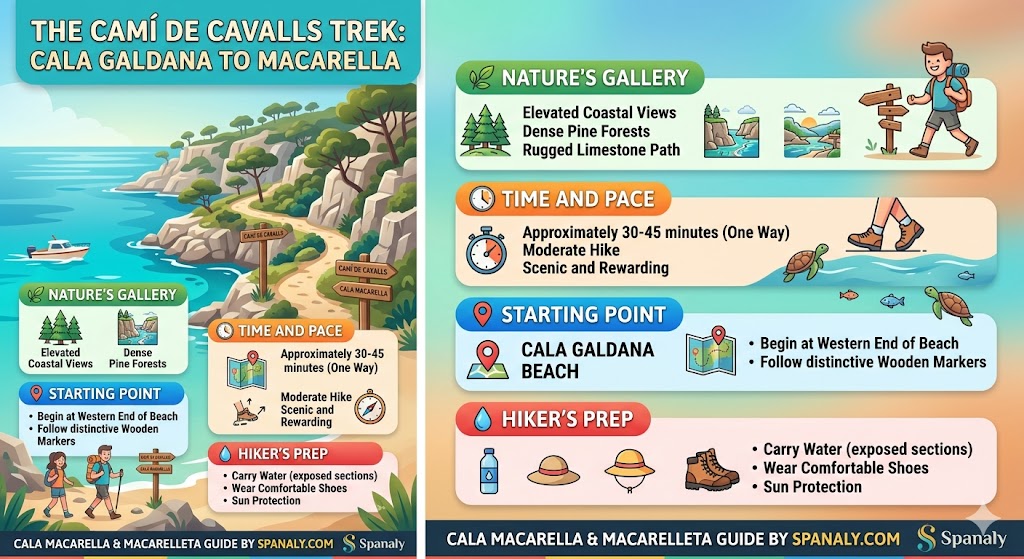 Colorful infographic guiding hikers on the Camí de Cavalls trail from Cala Galdana to Cala Macarella in Menorca, highlighting nature views, time, and preparation.