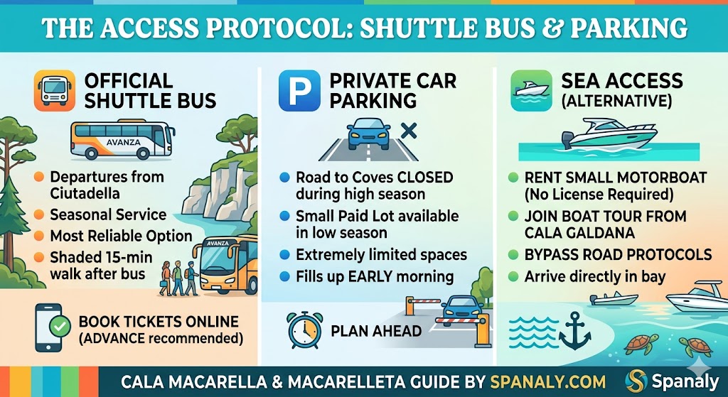 Detailed infographic explaining the access protocol for Cala Macarella and Macarelleta, including shuttle bus information, seasonal parking rules, and sea route alternatives.