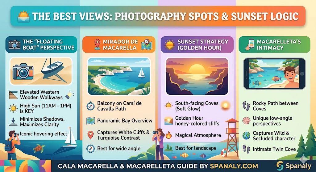Colorful infographic detailing the best photography spots for Cala Macarella and Macarelleta, including the elevated walkways for the "floating boat" effect, the Mirador panoramic viewpoint, and sunset golden hour logic.