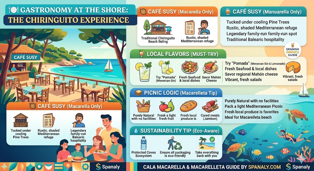 Colorful infographic guiding visitors on gastronomy at Cala Macarella and Macarelleta, featuring Café Susy, local Pomada drinks, picnic tips for virgin beaches, and sustainability advice.