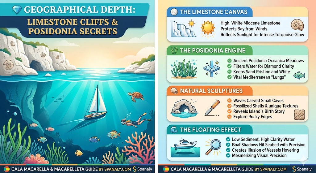 Colorful infographic illustrating the geographical and environmental secrets of Cala Macarella, Menorca, including Miocene limestone cliffs and Posidonia Oceanica seagrass meadows.