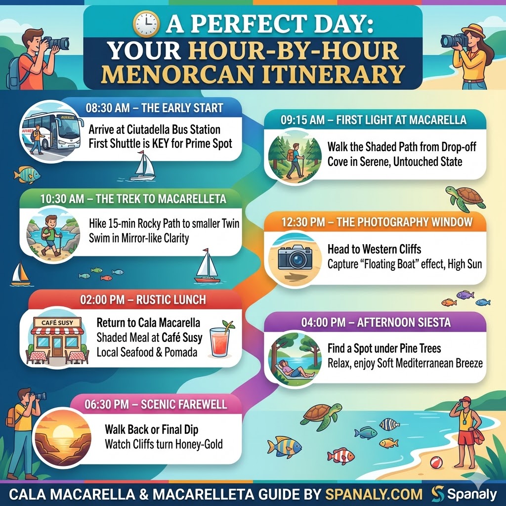 Colorful square infographic presenting a sustainable hour-by-hour itinerary for Cala Macarella and Macarelleta, Menorca, including early start times, snorkeling, the "floating boat" photography window, and a chiringuito lunch.