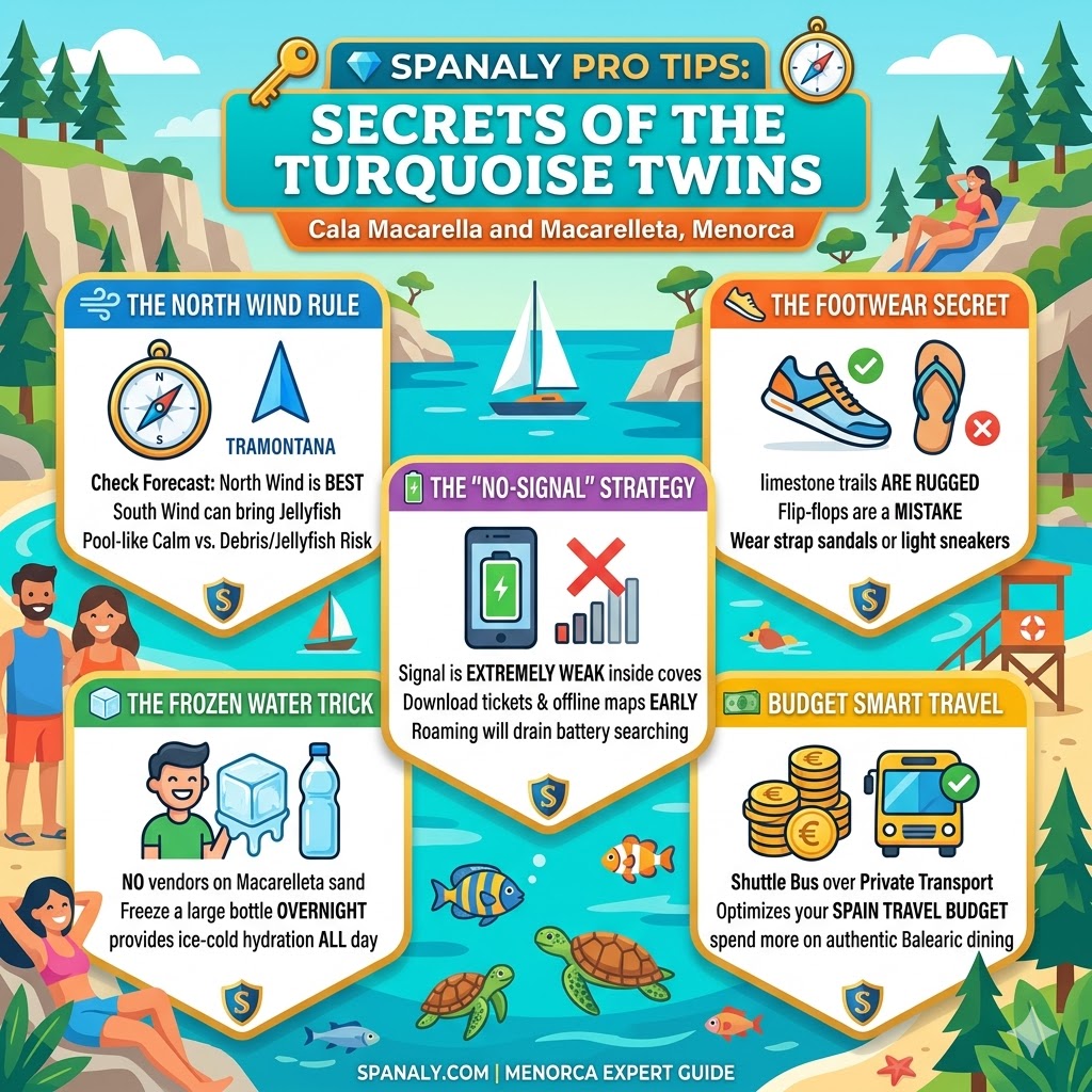 Colorful infographic sharing expert travel tips for Cala Macarella and Macarelleta, including the North Wind rule for calm waters, footwear advice for limestone trails, offline ticket strategy, and the frozen water hydration trick.