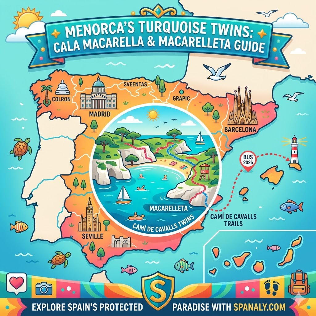 A vibrant epic infographic map guide to Cala Macarella and Macarelleta, detailing access routes, trails, photography spots, and essential natural park rules.