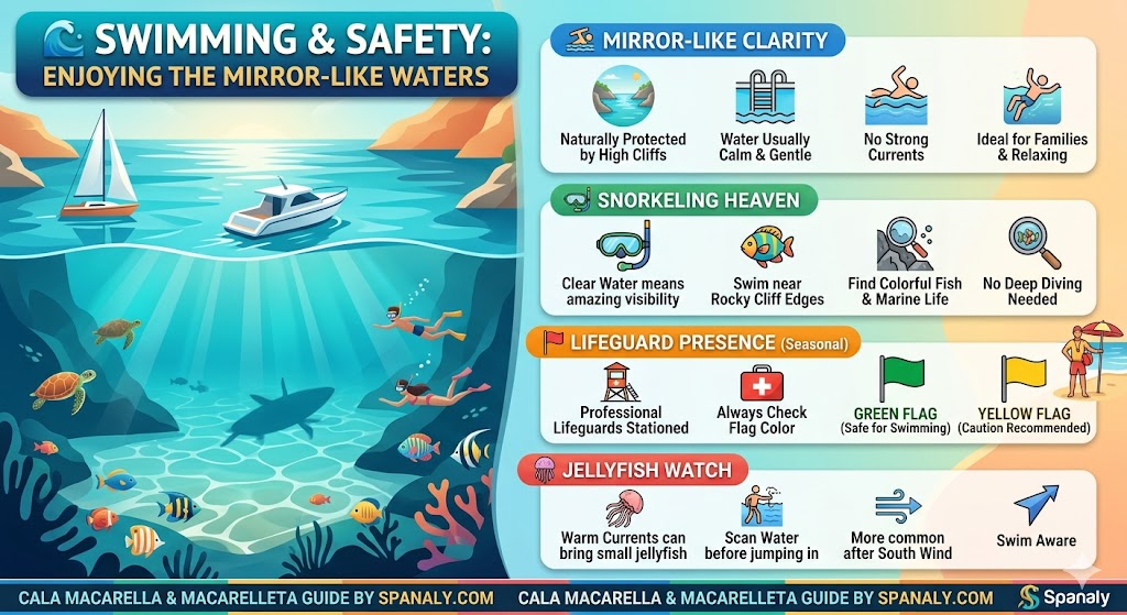 Colorful infographic illustrating swimming safety tips for Cala Macarella, Menorca, including lifeguard presence, flag meanings, snorkeling visibility, and jellyfish awareness.
