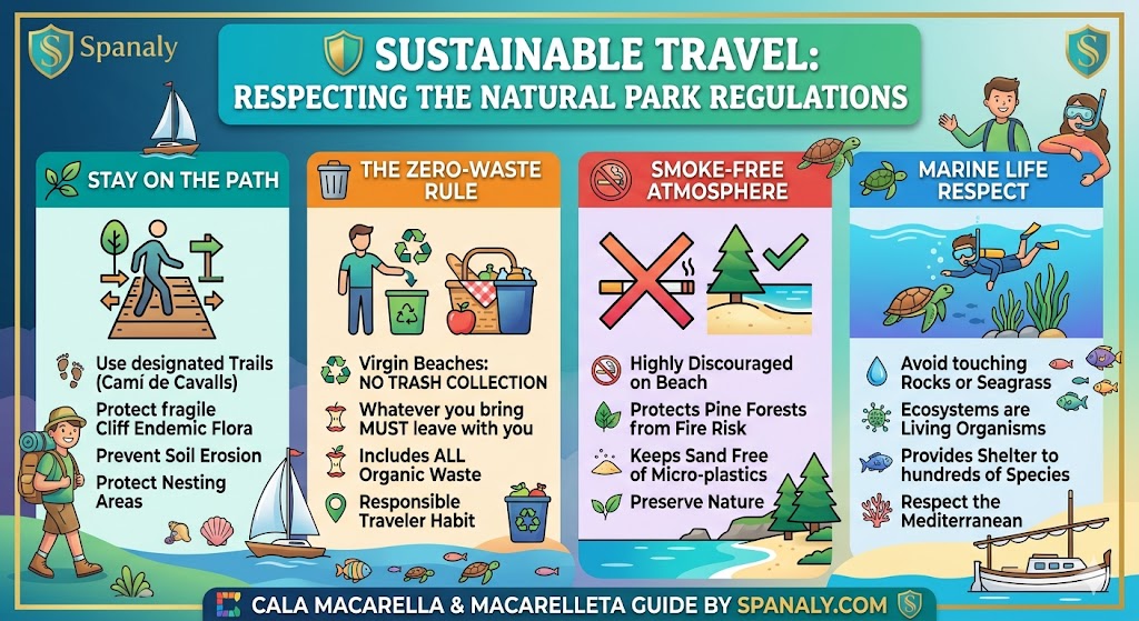 Colorful infographic illustrating sustainable travel regulations for Cala Macarella and Macarelleta Natural Park, including staying on designated paths, zero-waste rules, smoke-free areas, and marine life respect.