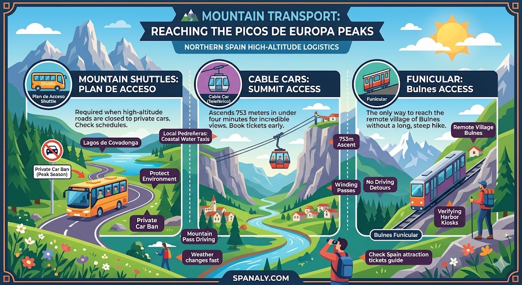 Infographic showing mountain transport in Picos de Europa, featuring the Lagos de Covadonga shuttle, Fuente Dé cable car, and Bulnes funicular.