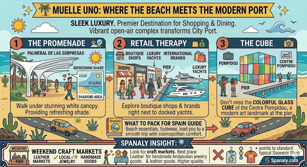 An infographic of Muelle Uno in Malaga showing the Palmeral de las Sorpresas canopy, the colorful Centre Pompidou cube, and tips for finding weekend craft markets for authentic Andalusian jewelry.