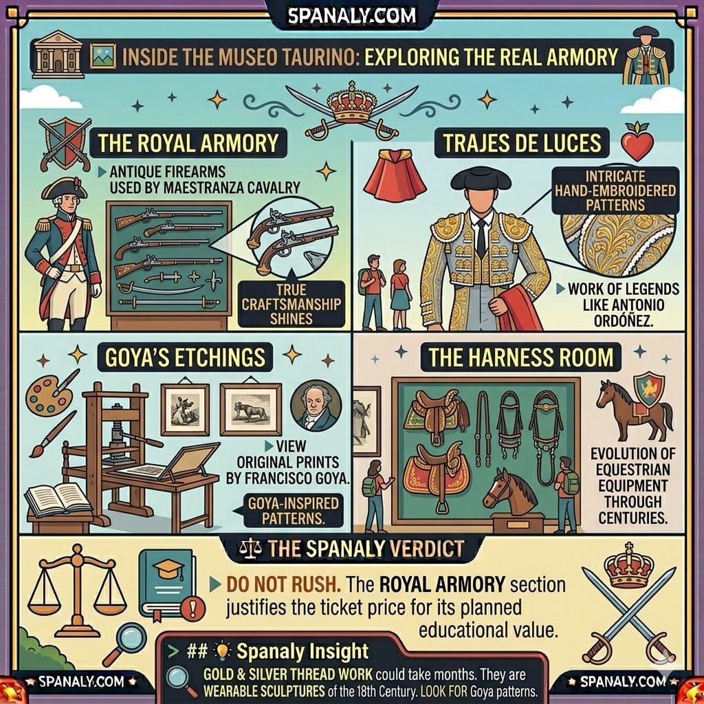 A colorful educational infographic of the Museo Taurino in Ronda, showcasing the Royal Armory firearms, hand-embroidered Trajes de Luces, Goya etchings, and historical equestrian equipment.