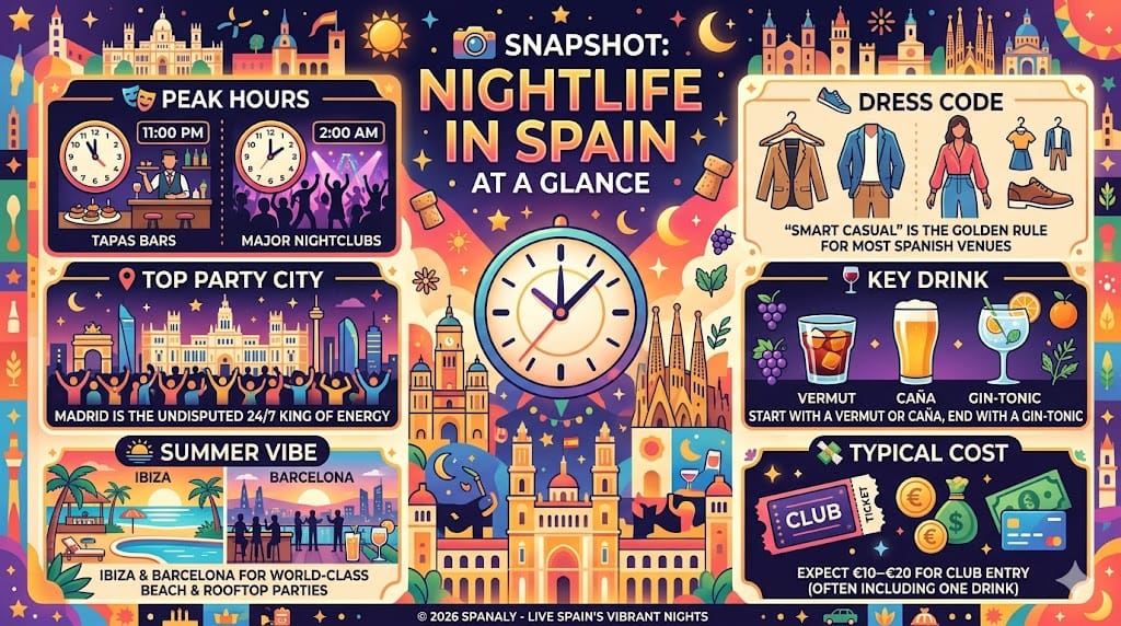 A vibrant square infographic by Spanaly titled Snapshot: Nightlife in Spain at a Glance, featuring a large central clock and sections on peak hours for tapas and clubs, top party cities like Madrid and Ibiza, dress codes, key drinks, and typical entry costs.