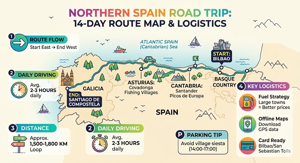 Infographic map of a 14-day Northern Spain road trip itinerary from Bilbao to Santiago showing route logistics and driving tips.