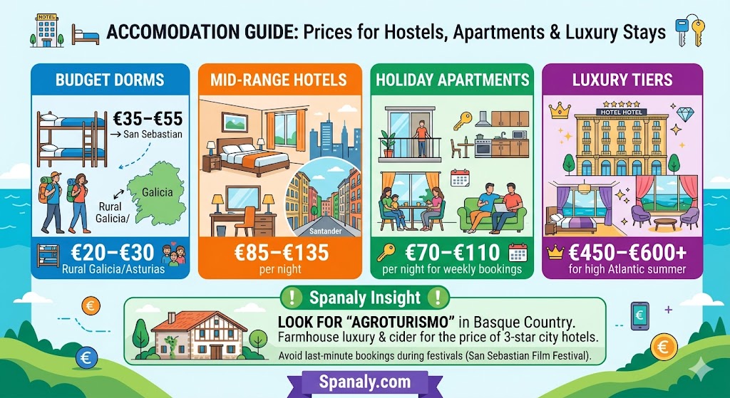 Infographic showing Northern Spain accommodation prices for budget dorms in San Sebastian vs Galicia, mid-range hotels in Santander, holiday apartments, and luxury hotel tiers.